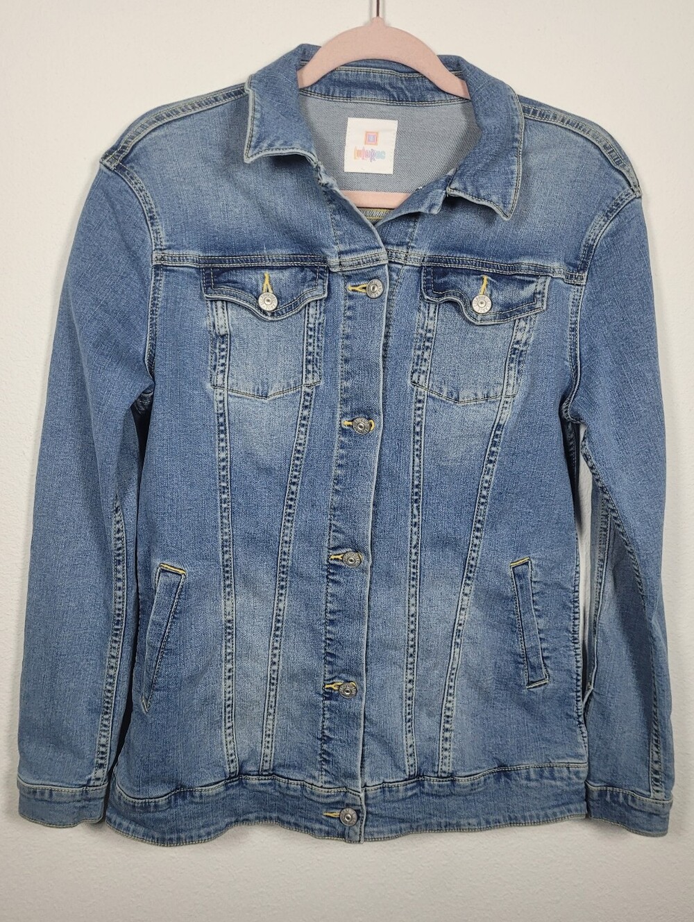 LuLaRoe Harvey Denim Jacket M Light Wash Back Unicorn Graphic Stretch Whimsical